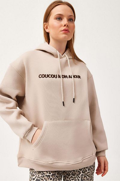 CALİENTE Oversize Hooded Kangaroo Pocket Sweatshirt Beige