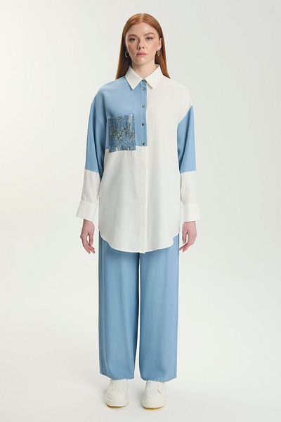 Zühre Color Blocked Pocket Sequin Ecru Tunic
