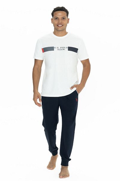 U.S. Polo Assn. Polo Assn. din SUA 18888 Set de pijamale pentru bărbați, cu mâneci scurte, cu decolteu, cu picioare elastice-Ecru