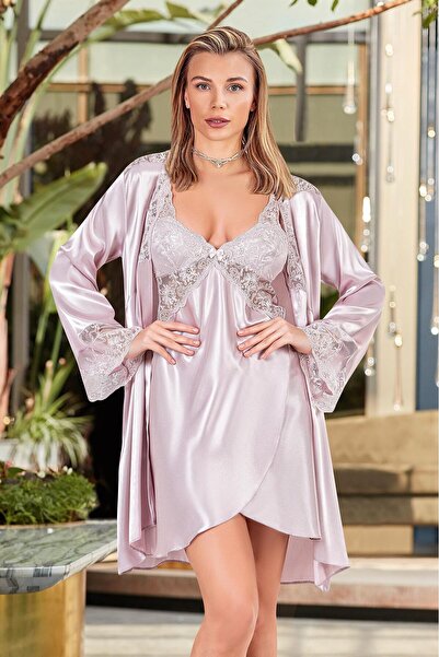 Soweto Women's Strappy Chest and Sleeve Lace Detailed Dressing Gown Nightgown...