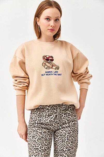 CALİENTE Ayıcık Baskılı 3 İplik Sweatshirt Bej