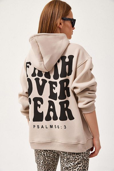 CALİENTE Oversize Hooded Kangaroo Pocket Sweatshirt Beige