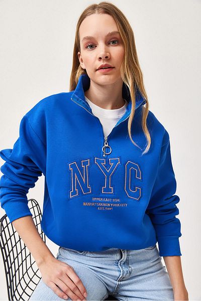 CALİENTE Hanorac oversize cu guler în picioare cu fermoar brodat Nyc Albastru