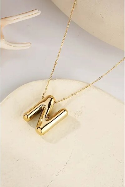 Aslı Jewelry Paslanmaz Çelik Zincirli Altın Renk N Harfli Kolye