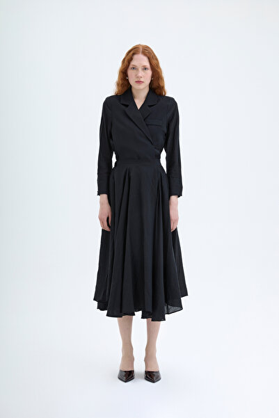 Quzu Asimetrik Uçlu Pileli Midi Etek Siyah