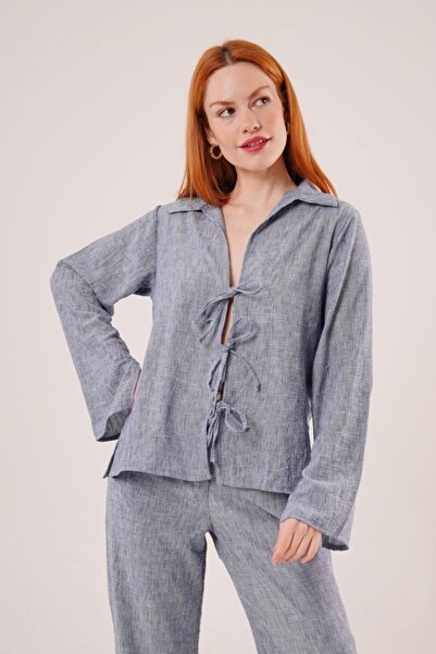 TUA MODA Tua Moda Front Tie Detailed Trousers and Shirt Indigo Double Suit