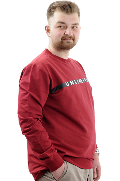 ModeXL Mode XL Великий розмір Чоловічий світшот, з принтом, велосипедний комір Unlımıted U24171 Бордовий