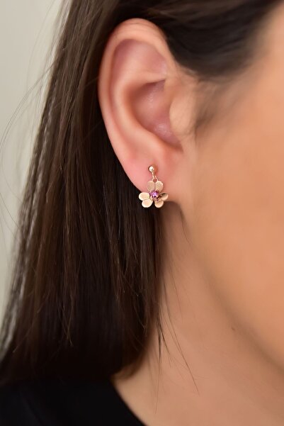 Papatya Silver 925 Ayar Gümüş Rose Kaplama Pembe Taşlı Frezya Çiçeği Küpe