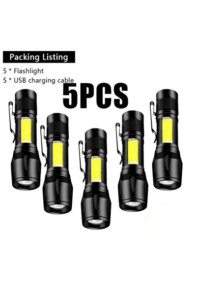 XIWANGFIRE 5pcs Mini Rechargeable LED Flashlight COB+XPE Portable Torch Camping Lantern Zoomable Focus Light Ta