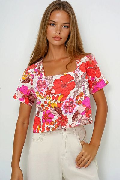 VAGGON Women's Coral Square Collar Patterned Twisted Woven Blouse Prmx13794