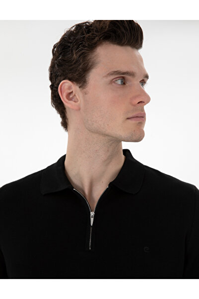 Pierre Cardin Black Slim Fit Zippered Polo Neck Wool Blend Basic Knitwear Sweater 50312570-Vr046