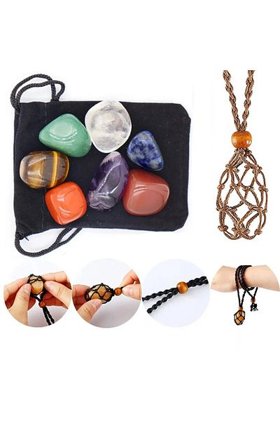 Choice A- yellow 7pcs/Set 20-30mm Irregular Natural Stone Yoga Stone Bracelet Mesh Pocket Weaving DIY Jewel