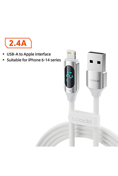 Toocki كابل USB Toocki LED أبيض بطول 2 متر وقوة 2.4 أمبير لهاتف iPhone 14 13 ...