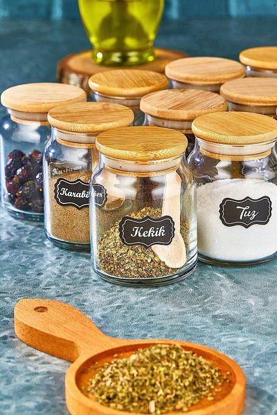 Amentes Labeled Wooden Lid 300 ml 12 Jars and 12 Mini Spice Spoons - 24 Piece Spice Set