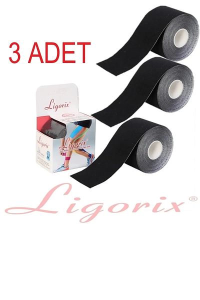 Ligorix شريط كينيسيو الرياضي باللون الأسود - 3 أشرطة للألم