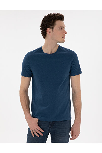 Pierre Cardin İndigo Melanj Slim Fit %100 Pamuk Bisiklet Yaka Basic Tişört 50...