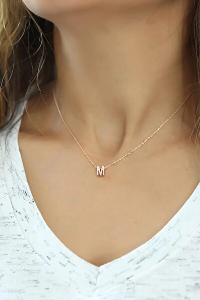 Papatya Silver Harf Kolye Üç Boyutlu M Harfi Rose Altın Kaplama 925 Ayar Gümüş