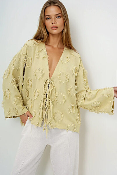 VAGGON Women's Mint V-Neck Front Tie Tassel Detailed Summer Linen Jacket Prmx13793