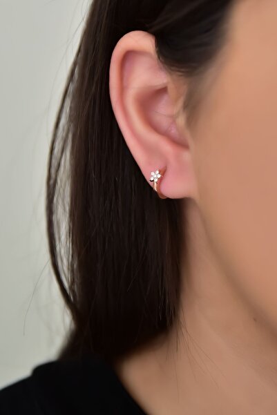 Papatya Silver 925 Ayar Gümüş Rose Kaplama Zirkon Taşlı Mini Çiçekli Halka Küpe