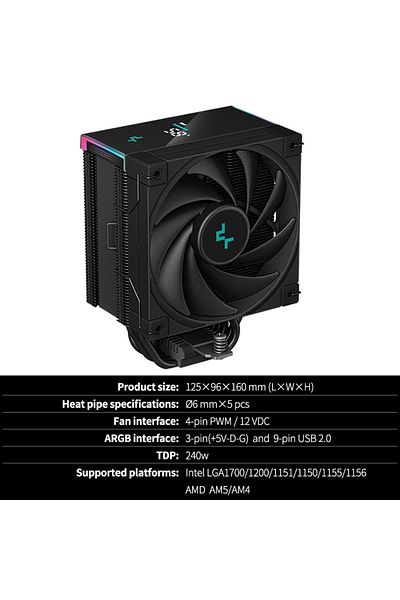 Choice مبرد وحدة المعالجة المركزية AK500S DeepCool AK500S باللون الأسود RGB مع شاشة رقمية و5 أنابيب حرارية ورادياتير TDP 240 وات 1