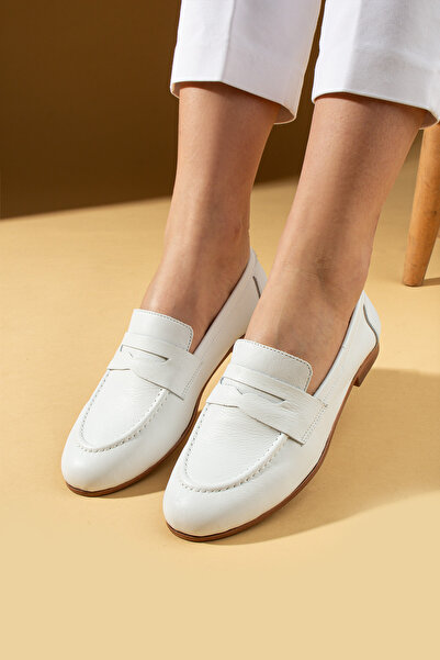 Pembe Potin Women's Ballerinas Genuine Leather Whiteloaferlightweight Comfortable White N Casual Shoes