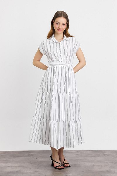 Rays 4443A Striped Waist Tie Long Dress Ecru
