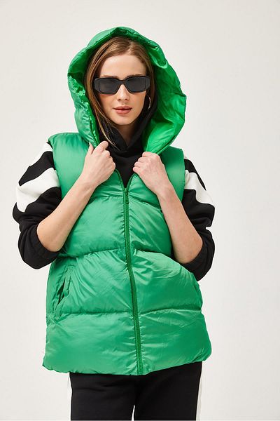 CALİENTE Hooded Zippered Puffer Vest Green