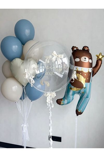 Çemrek Süs Parti Storm Blue Beige Balloon Bundle with Transparent Bear and Heart Foil Balloons 13 Pcs