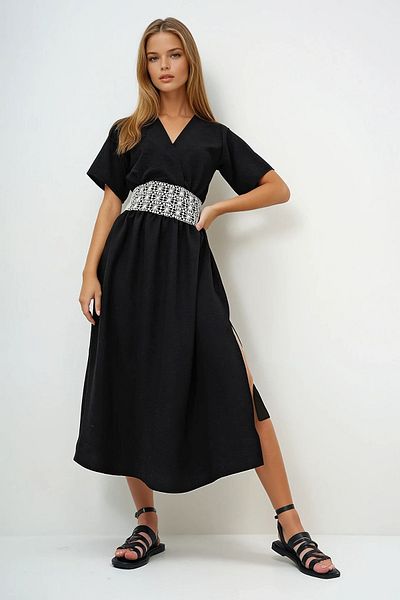 VAGGON Women's Black Double Breasted Collar Scallop Slit Woven Dress Prmx13780