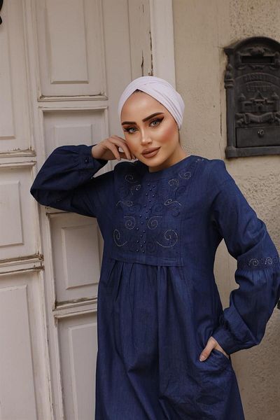 MİSSKAYLE Dark Color Hijab Denim Dress - Pearl Detailed