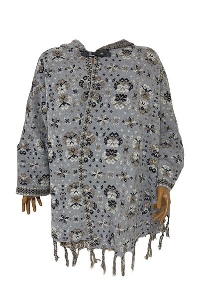 BRV Tekstil Women's Gray Floral Patterned Oversize Knitwear Poncho Sweater with Side Slits
