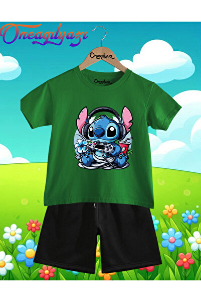 oneagılyazı GAMER STİTCH B Štampano O Oversize kroj Dječje šortseve T T-shirt...