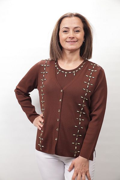 Sude Women's Large Size Handcrafted Knitwear Suit Brown 6525