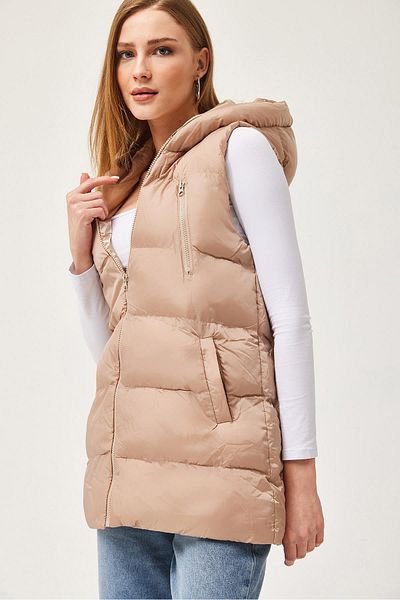 CALİENTE Hooded Zippered Puffer Vest Beige