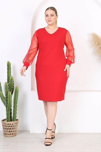 Madwilo Women's Red Tulle Sleeve Detail V-Neck Stretchy Plus Size Dress