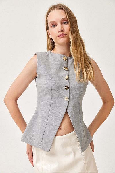 CALİENTE Different Button Detailed Lined Sewing Detailed Vest Gray