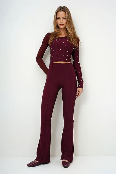 VAGGON Pantaloni din lycra cu talie înaltă, burgundy, cu picioare evazate, Prmx10046