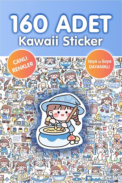 Piksel Grafik Kawaii Blue 160 Pieces Anime Sticker Set - Pen, Laptop Notebook Water Bottle Sticker