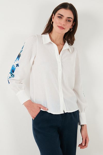 Lela Cămașă din bumbac cu mâneci cu bule de aer, cu croială normală, cu broderie florală CAMISA 611GO003