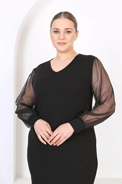 Madwilo Γυναικείο φόρεμα με μαύρο τούλι με λεπτομέρεια V λαιμόκοψη ελαστικό σε μέγεθος