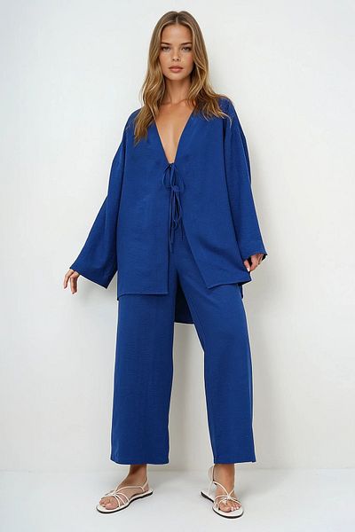 VAGGON Navy Blue Lace Front Kimono Jacket and Palazzo Pants Set Prmx12452