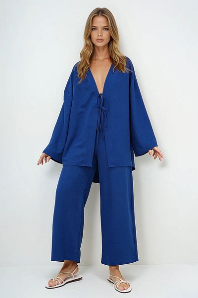 VAGGON Navy Blue Lace Front Kimono Jacket and Palazzo Pants Set Prmx12452
