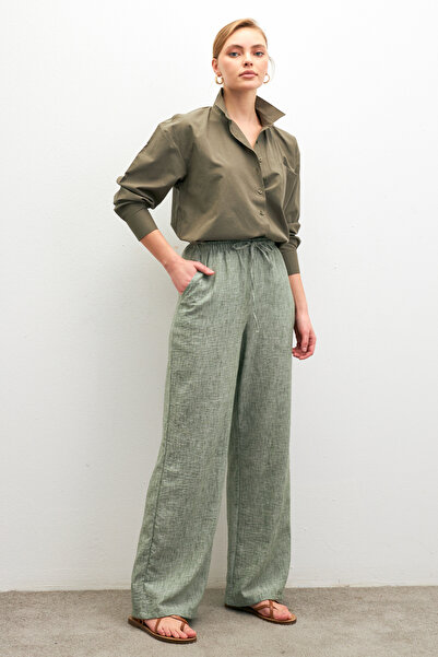 Yefrastore بنطال فضفاض من مزيج الكتان باللون الأخضر الداكن
