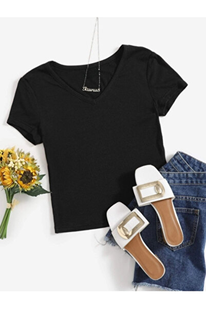 MOONBULL Дамско боди с V-образно деколте, къс ръкав и корсет стил, от еластич...