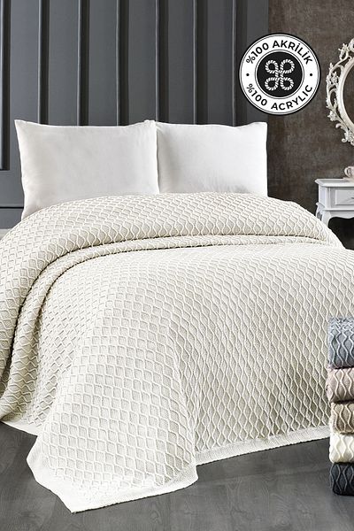 Evlen Home Knitwear Acrylic Knitted Blanket Double 220 X 240 cm Bedspread Pique Poly Cream