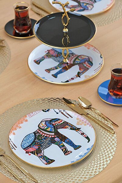 Glore Elephant Beyaz Altın Yaldızlı 6 Kişilik 19 Parça Çay Servis Takımı