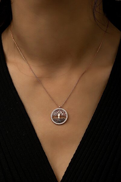 Nefertiti Kadın Hayat Ağacı Nano Zirkon Taşlı Rose 925 Ayar Gümüş Kolye