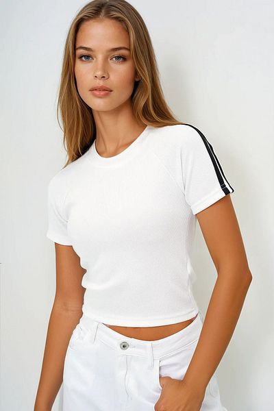 VAGGON Γυναικεία λευκή λαιμόκοψη με ριγέ Ottoban Crop μπλούζα Prmx13730