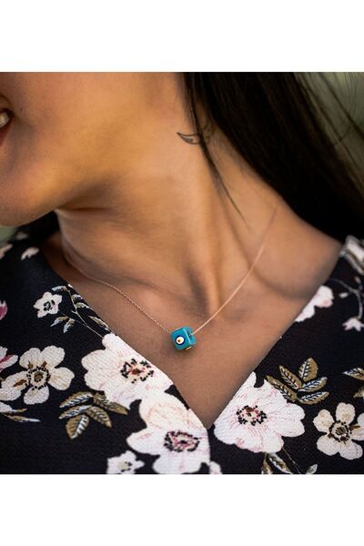 Papatya Silver 925 Ayar Gümüş Rose Kaplama Nazar Gözlü Mavi Küp. Kolye.mardin...