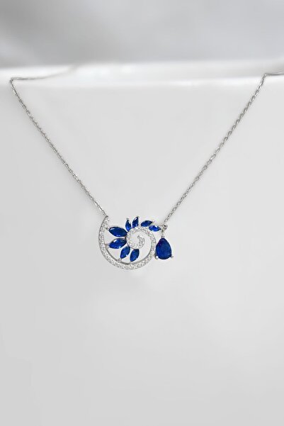Papatya Silver 925 Ayar Gümüş Rodyum Kaplama Damla Lacivert Taşlı Spiral Snail Tasarım Kolye
